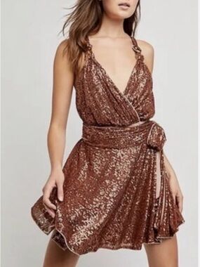 Free People Copper Sequin Wrap Mini Dress